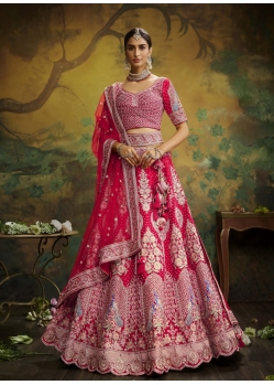 Rose Red Designer Heavy Embroidered Silk Bridal Wear Lehenga Choli