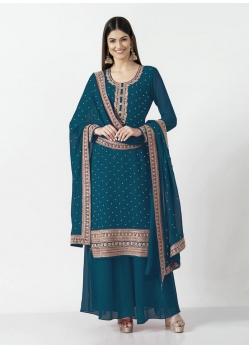 Teal Blue Readymade Traditional Wear Georgette Salwar Suit