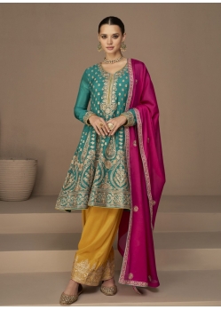 Teal Readymade Traditional Wear Premium Chinon Silk Salwar Suit