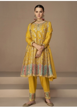 Yellow Readymade Traditional Wear Premium Chinon Silk Salwar Suit