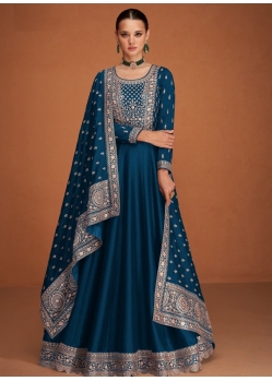 Teal Blue Designer Wedding Wear Premium Silk Anarkali Suit