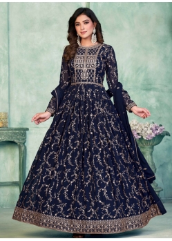 Navy Blue Designer Wedding Wear Faux Georgette Anarkali Suit