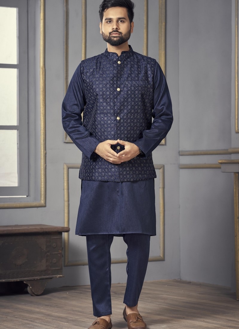 Navy Blue Exclusive Readymade Heavy Banglori Silk Kurta Pajama With Jacket