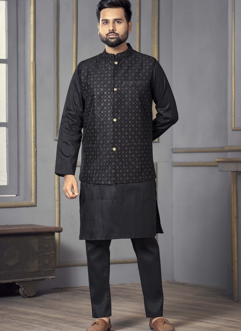 Black Exclusive Readymade Heavy Banglori Silk Kurta Pajama With Jacket