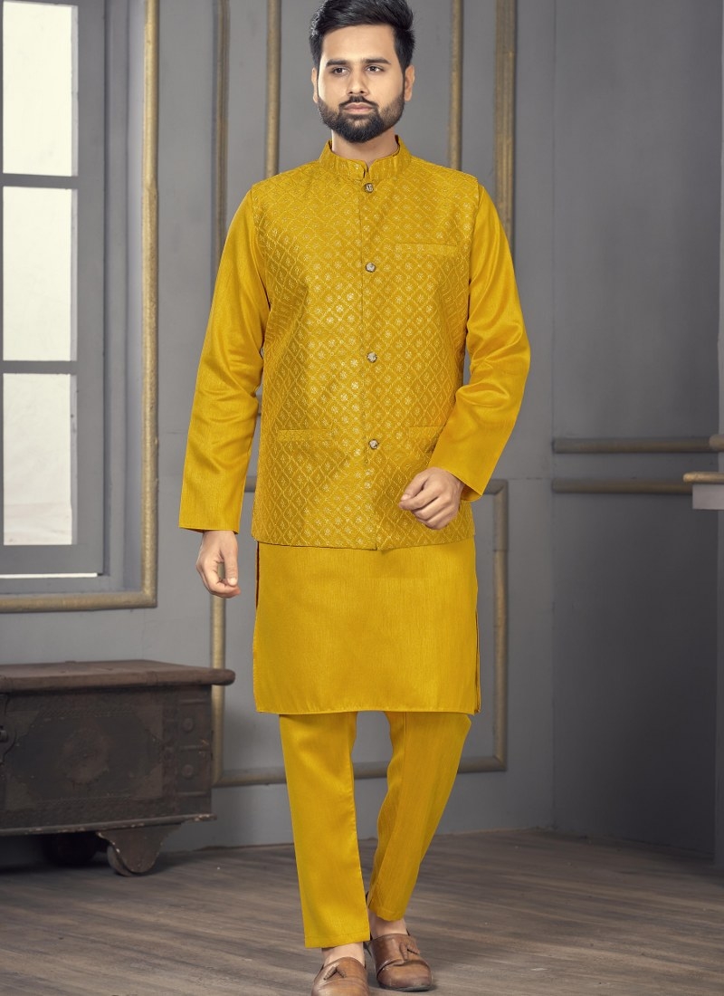 Mustard Exclusive Readymade Heavy Banglori Silk Kurta Pajama With Jacket