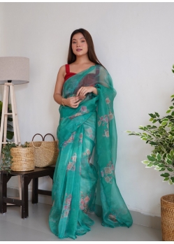 Aqua Mint Designer Organza Wedding Wear Sari