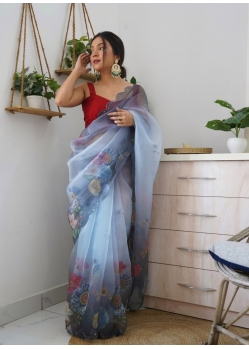 Light Grey Designer Organza Wedding Wear Sari