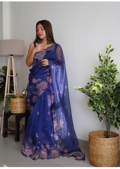 Dark Blue Designer Organza Wedding Wear Sari