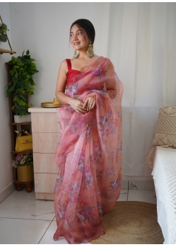 Peach Designer Organza Wedding Wear Sari