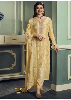Light Yellow Traditional Function Wear Viscose Jacquard Salwar Suit
