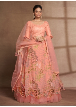 Peach Designer Wedding Wear Organza Lehenga Choli