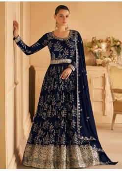 Navy Blue Designer Wedding Wear Faux Georgette Anarkali Suit