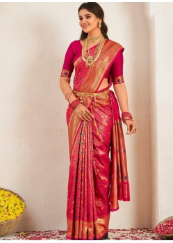 Rose Red Traditional Function Wear Soft Silk Sari