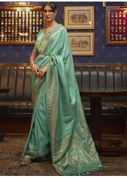 Aqua Mint Traditional Function Wear Pure Satin Silk Sari