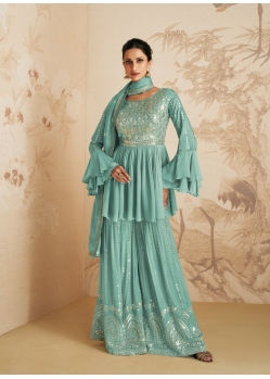 Sky Blue Traditional Function Wear Chinon Silk Salwar Suit