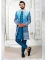Teal Blue Premium Readymade Designer Indo Western Sherwani