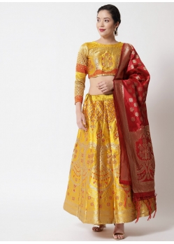 Yellow Latest Designear Party Wear Banarasi Silk Jacquard Lehenga Choli