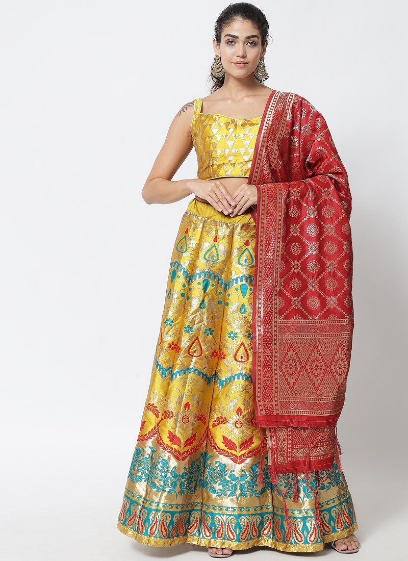 Red And Yellow Color Silk Printed Lehenga