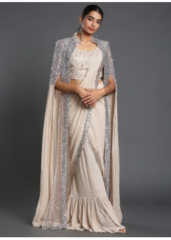 Light Beige Alluring Ready To Wear Stitched Designer Wedding Wear Sari With Shrug