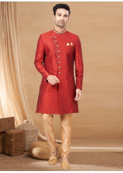 Red Premium Readymade Designer Indo Western Sherwani