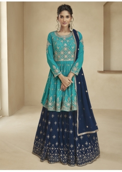 Turquoise Designer Party Wear Real Georgette Wedding Suit