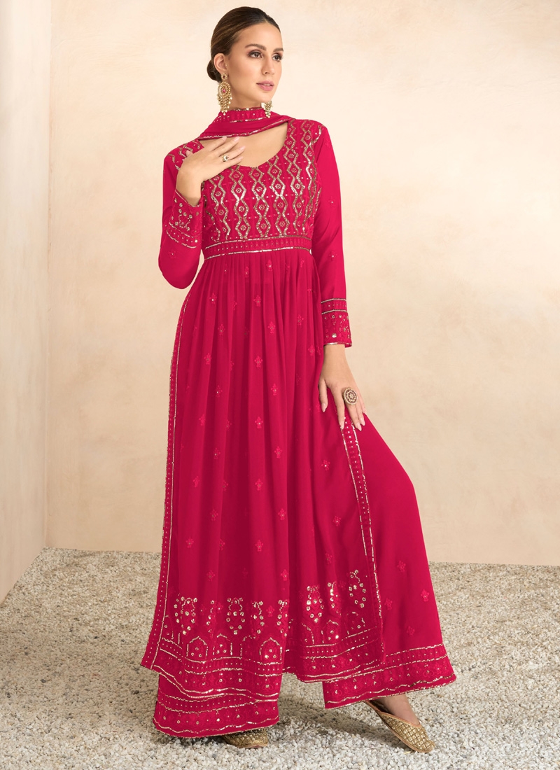 Rose Red Designer Wedding Wear Blooming Georgette Palazzo Suit