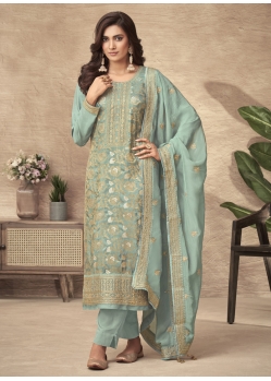 Grayish Green Designer Wedding Wear Pure Viscose Dola Jacquard Palazzo Suit