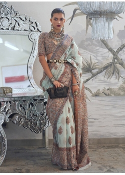 Aqua Grey Traditional Designer Wedding Wear Sari