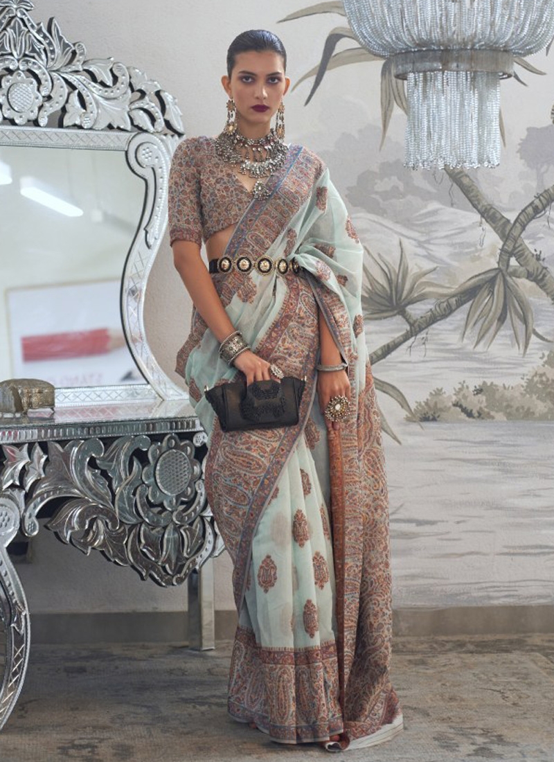 Aqua Grey Traditional Designer Wedding Wear Sari