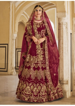Maroon Designer Heavy Embroidered Velvet Bridal Wear Lehenga Choli