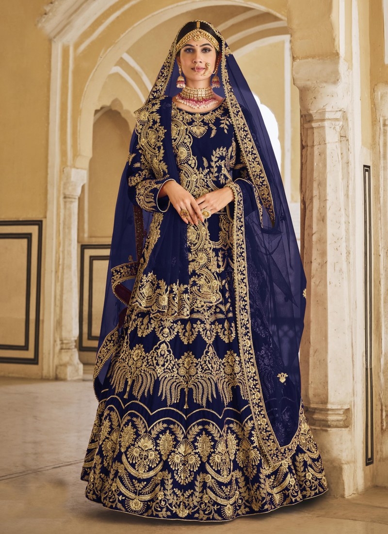 Royal Blue Designer Heavy Embroidered Velvet Bridal Wear Lehenga Choli