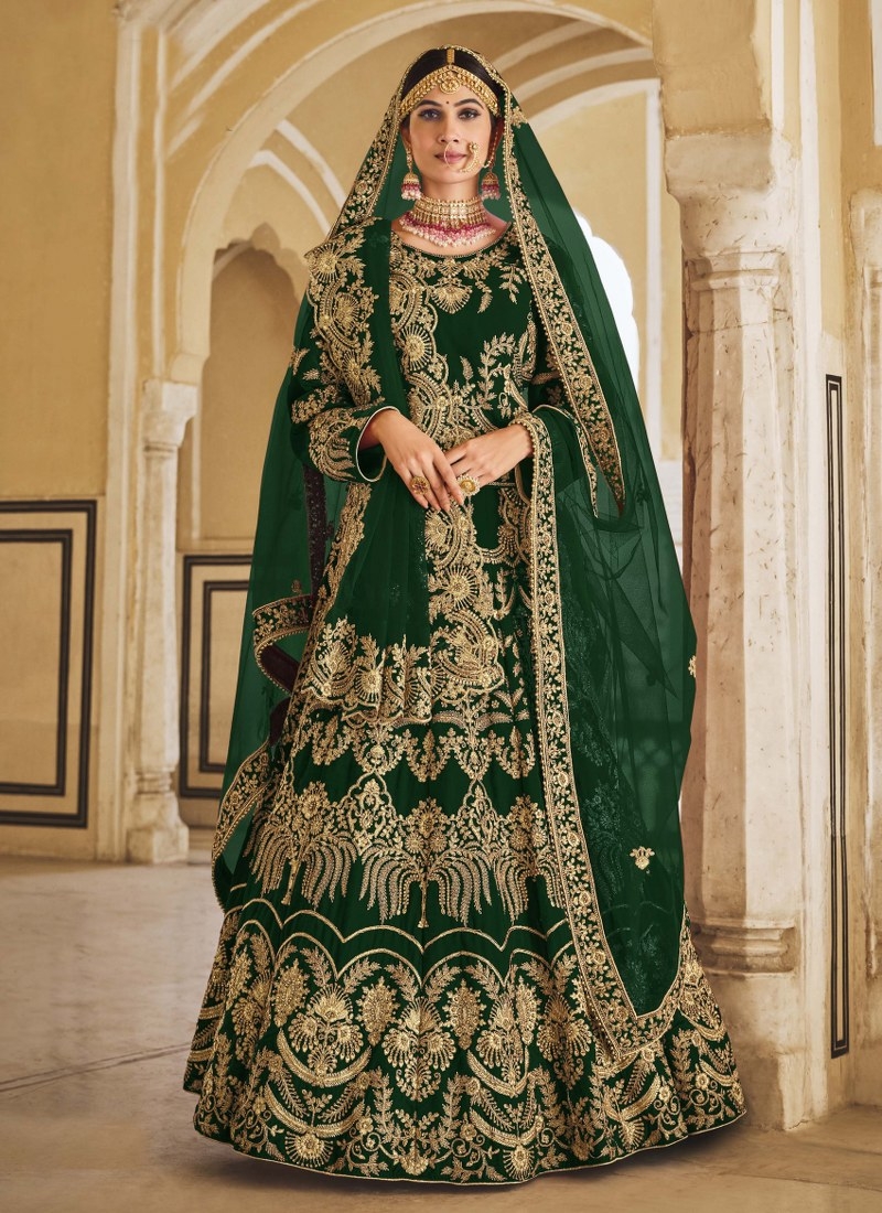 Dark Green Designer Heavy Embroidered Velvet Bridal Wear Lehenga Choli