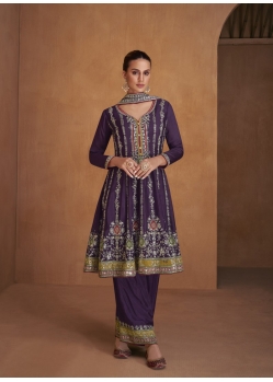 Purple Readymade Designer Party Wear Real Chinon Palazzo Suit
