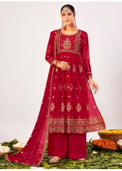 Rose Red Designer Wedding Wear Blooming Georgette Palazzo Suit