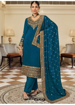 Teal Blue Designer Wedding Wear Pure Vichithra Palazzo Suit