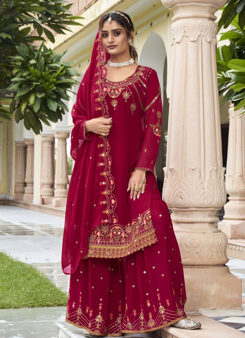 Heavy Designer Satin Georgette Red Color Salwar Suit For Wedding
