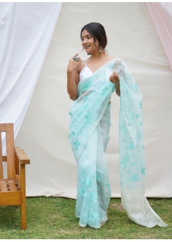 Sky Blue Stylish Designer Organza Party Wear Sari