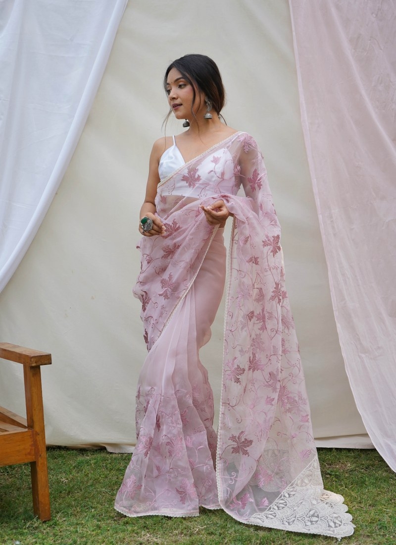 Dusty Pink Stylish Designer Organza Party Wear Sari
