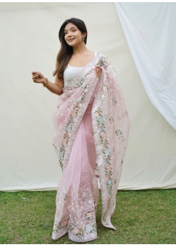 Baby Pink Stylish Designer Organza Party Wear Sari