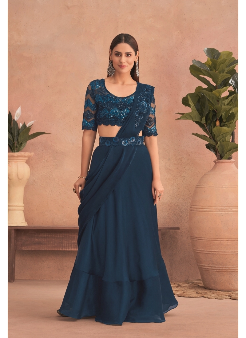 Teal Blue Party Wear Silk Georgette With Net Saree