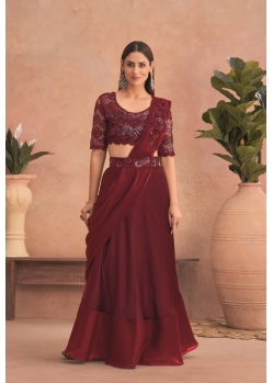 Classy Maroon Silk Georgette With Net Party Wear Saree