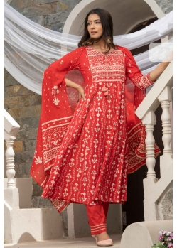 Red Traditional Function Wear Readymade Cotton Cambric Suit