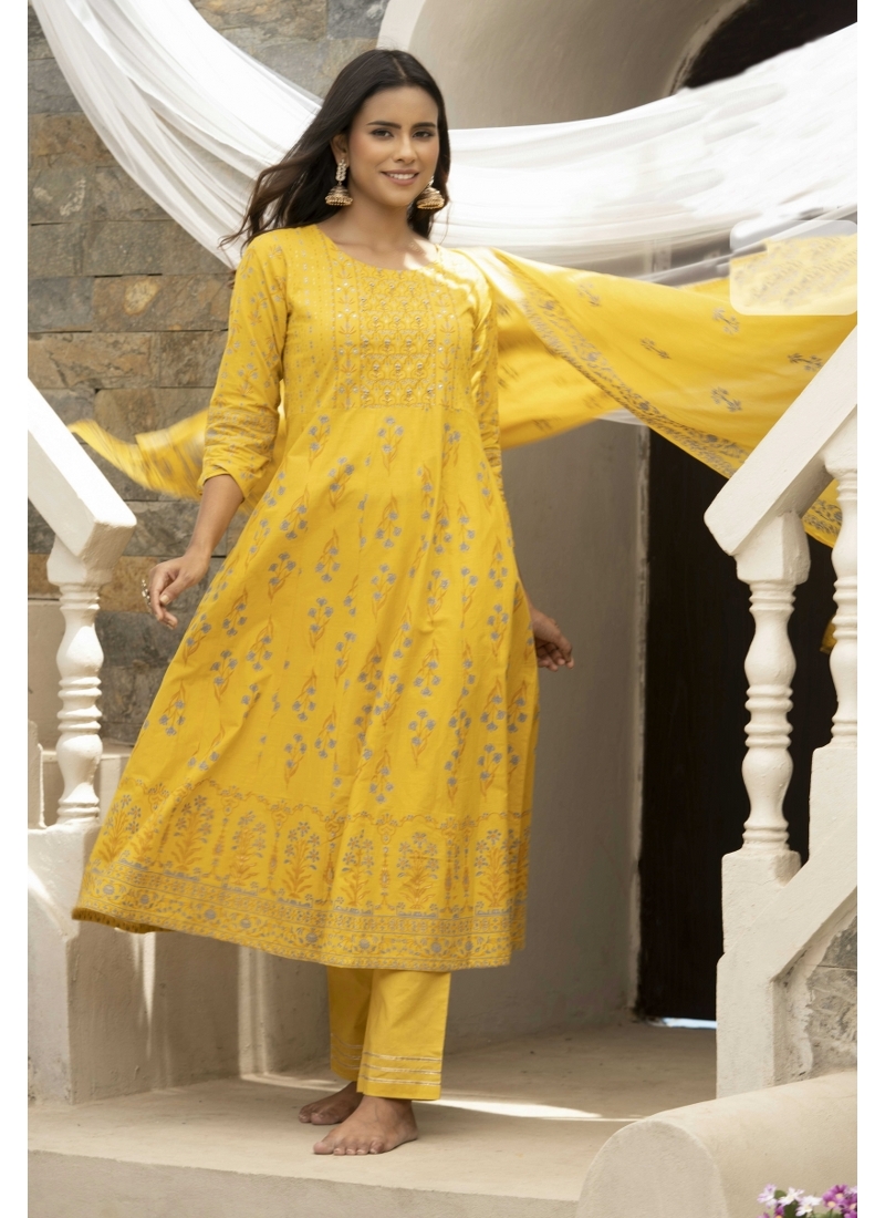 Yellow Traditional Function Wear Readymade Cotton Cambric Suit