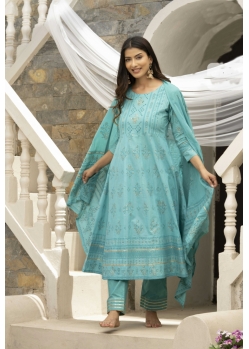 Blue Traditional Function Wear Readymade Cotton Cambric Suit