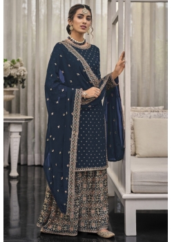 Navy Blue Traditional Wear Heavy Fox Georgette Palazzo Suit