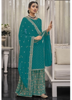 Teal Traditional Wear Heavy Fox Georgette Palazzo Suit