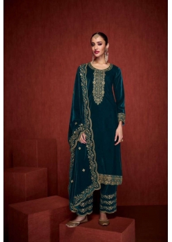 Teal Designer Velvet Party Wear Salwar Suit