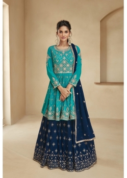 Sky And Navy Blooming Georgette Designer Party Wear Suit