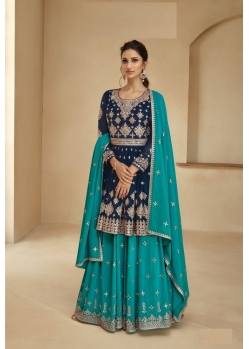 Navy And Sky Blooming Georgette Designer Party Wear Suit