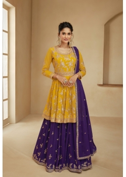Yellow And Purple Blooming Georgette Designer Party Wear Suit